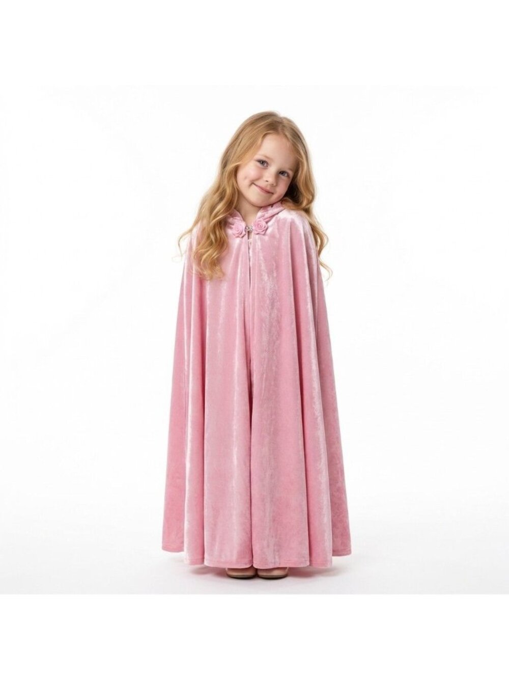 Girls Pink Velvet Hooded Princess Cape with Ruffle Trim Costume (Size 5)